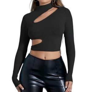 🤑 5/$25 SHEIN SXY Long Sleeve Ribbed Cut Out Turtle Neck Black Crop Top